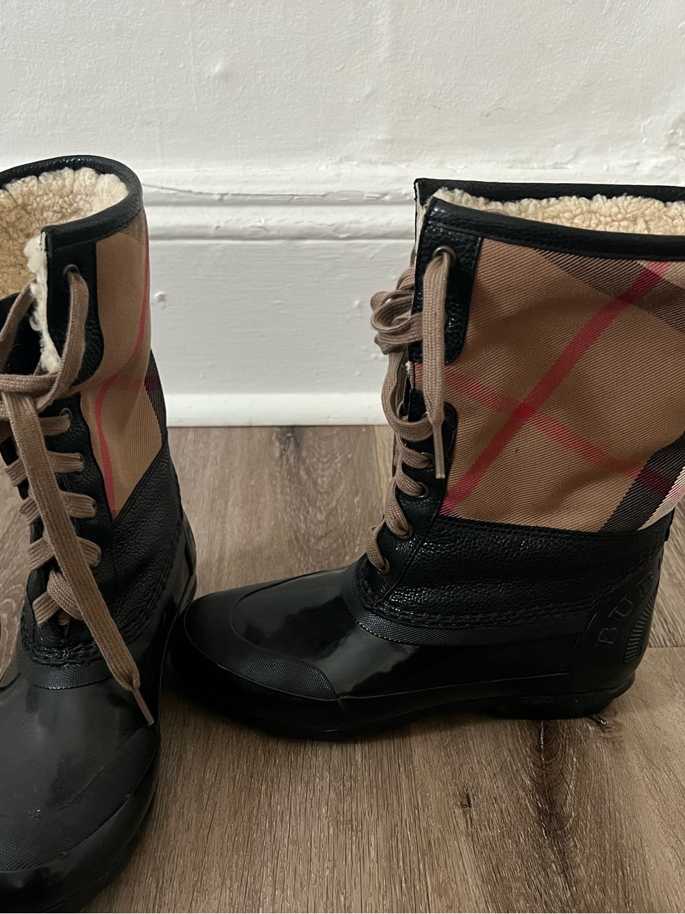 Authentic Burberry Tan Plaid and Black Lace-Up Women's Boots